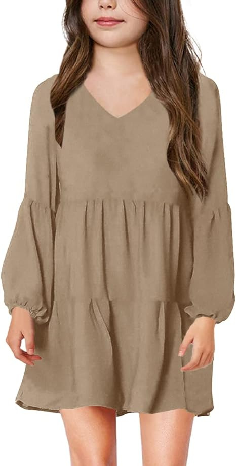 Girls Casual Tunic Dresses V Neck Long Short Dress