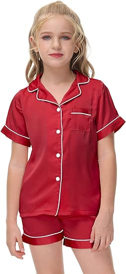 Girls Silk Short Sleeve 2 Piece Button-Down Kids Sleepwear