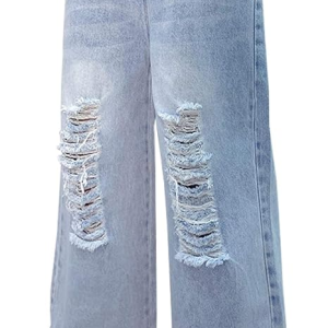 Girls Elastic Waist Ripped Washed Wide Leg Jean