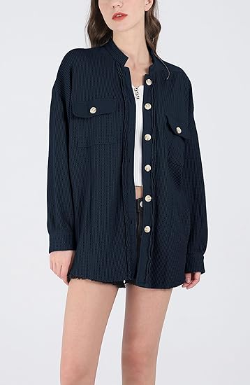 Loose Fit Batwing Sleeve Waffle Knit Button Down Shirt Tops