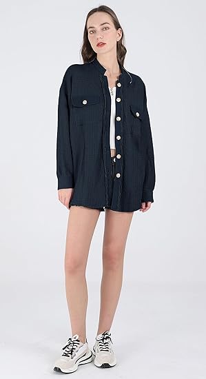 Loose Fit Batwing Sleeve Waffle Knit Button Down Shirt Tops - Image 2