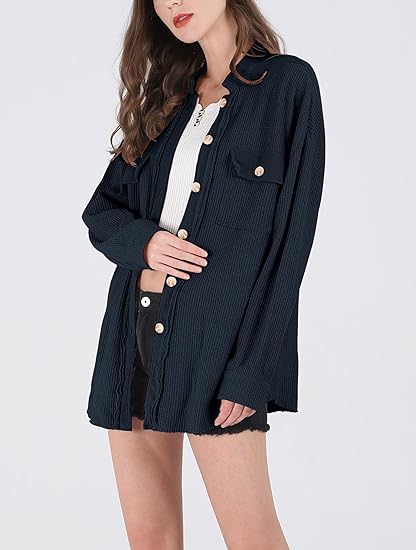 Loose Fit Batwing Sleeve Waffle Knit Button Down Shirt Tops - Image 3