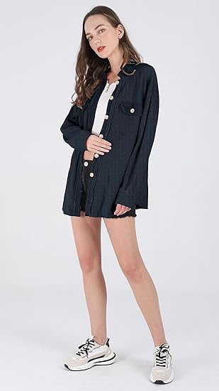 Loose Fit Batwing Sleeve Waffle Knit Button Down Shirt Tops - Image 4