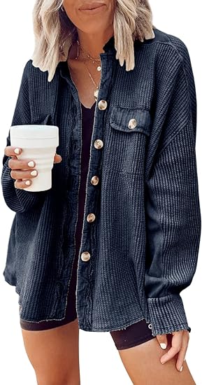 Loose Fit Batwing Sleeve Waffle Knit Button Down Shirt Tops - Image 5