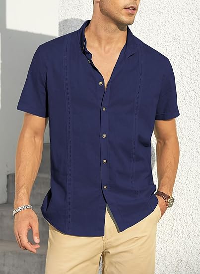 Mens Casual Linen Short Sleeve Shirts Summer Beach Tops - Image 2
