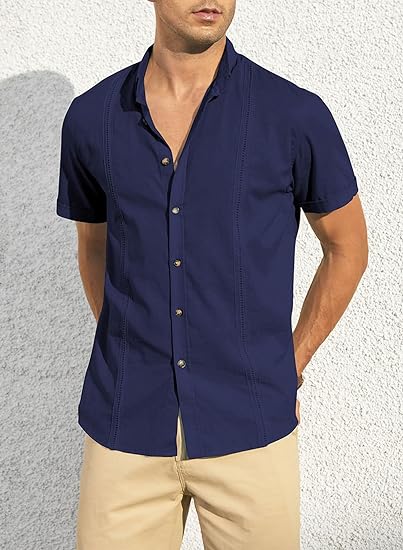 Mens Casual Linen Short Sleeve Shirts Summer Beach Tops - Image 3