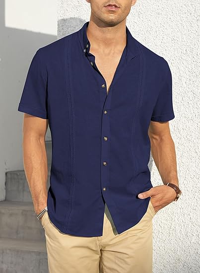 Mens Casual Linen Short Sleeve Shirts Summer Beach Tops - Image 4