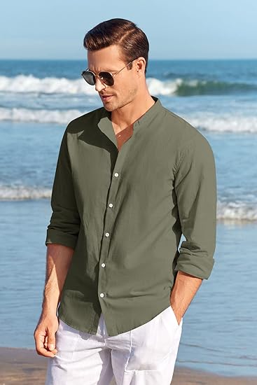 Mens Casual Button Down Cotton Linen Shirts Long Sleeve - Image 2