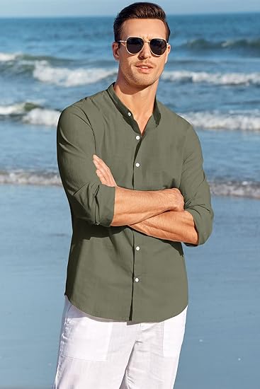 Mens Casual Button Down Cotton Linen Shirts Long Sleeve - Image 3