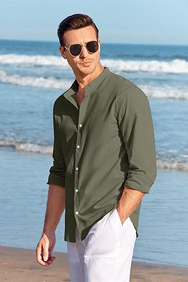 Mens Casual Button Down Cotton Linen Shirts Long Sleeve - Image 5