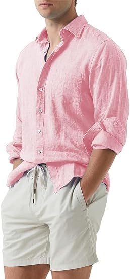 Mens Cotton Linen Casual Stylish Button Long Sleeve Shirts - Image 3