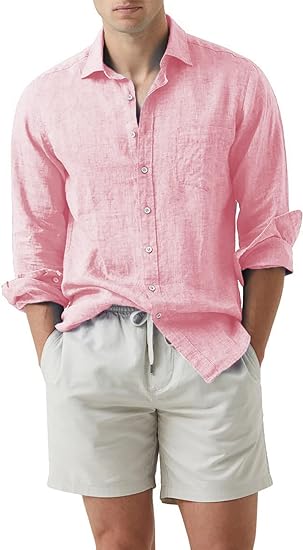 Mens Cotton Linen Casual Stylish Button Long Sleeve Shirts - Image 5