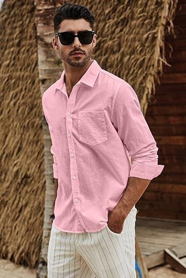 Mens Cotton Linen Casual Stylish Button Long Sleeve Shirts - Image 2