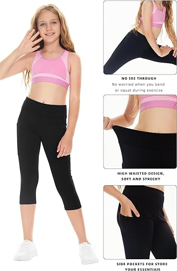 Girls Leggings with Side Pockets Capri Yoga Pants - Image 6