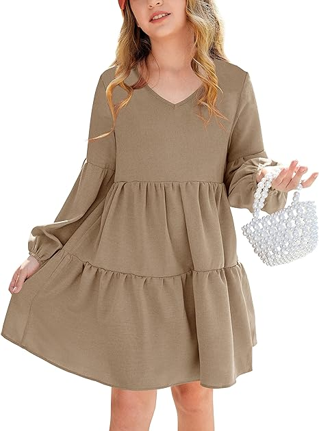 Girls Casual Tunic Dresses V Neck Long Short Dress - Image 5