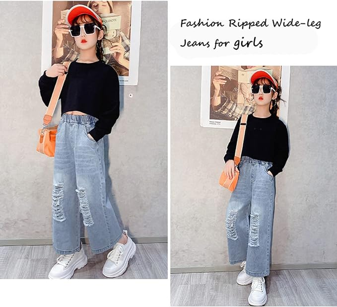Girls Elastic Waist Ripped Washed Wide Leg Jean - Image 7