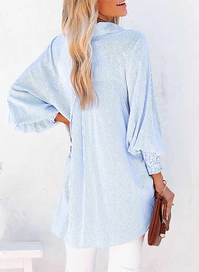 Womens Smocked Cuffed Striped Boyfriend Shirt - Image 3