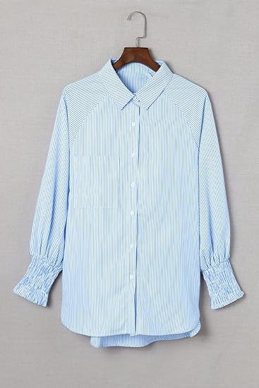 Womens Smocked Cuffed Striped Boyfriend Shirt - Image 6