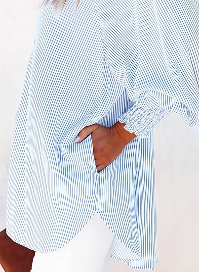 Womens Smocked Cuffed Striped Boyfriend Shirt - Image 5