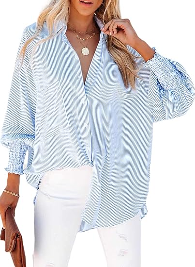 Womens Smocked Cuffed Striped Boyfriend Shirt - Image 2