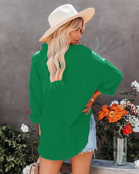 Womens Button Up Shirts Roll Up Sleeve with Pockets - Image 3