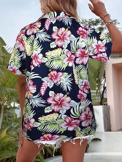 Women Tropical Floral V Neck Button Up Tshirt - Image 4