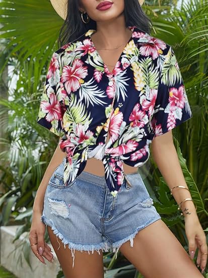 Women Tropical Floral V Neck Button Up Tshirt - Image 3