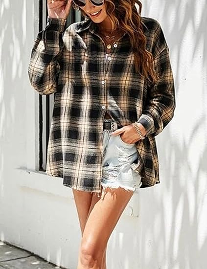 Womens Flannel Plaid Shirts Oversized Button Down Blouse - Image 2