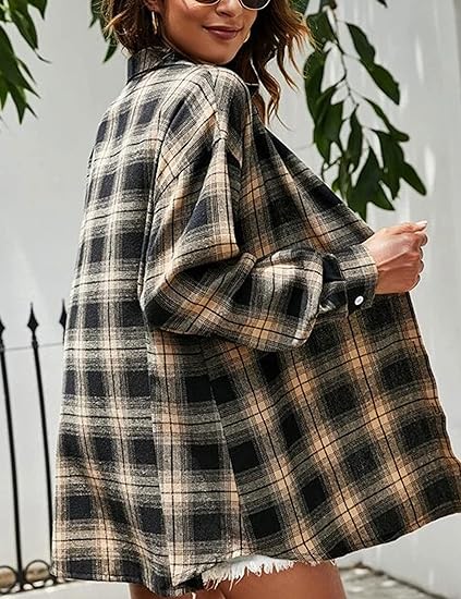 Womens Flannel Plaid Shirts Oversized Button Down Blouse - Image 4