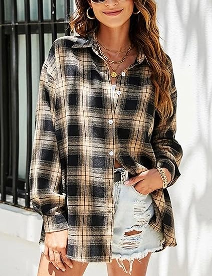 Womens Flannel Plaid Shirts Oversized Button Down Blouse - Image 3