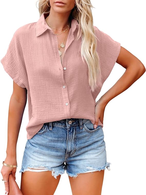 Women Button Down Shirt Cotton Linen Casual Collar Blouses - Image 2