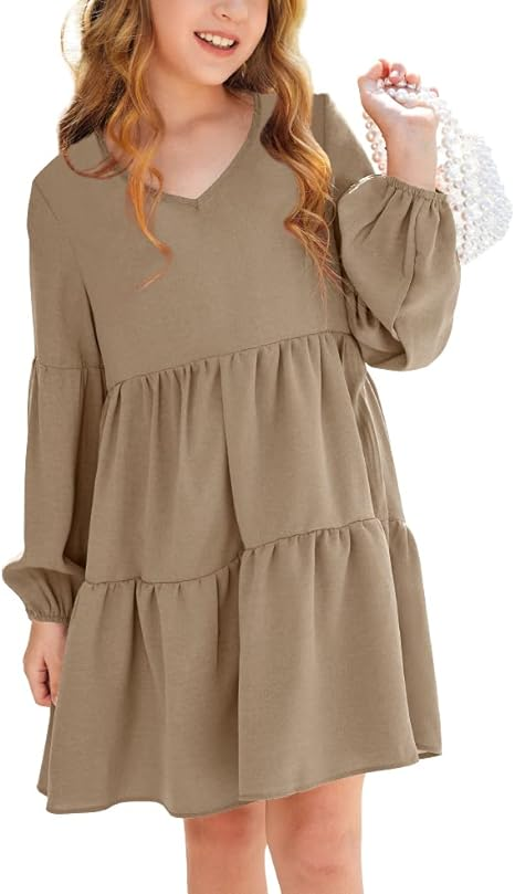 Girls Casual Tunic Dresses V Neck Long Short Dress - Image 4