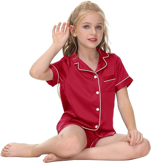 Girls Silk Short Sleeve 2 Piece Button-Down Kids Sleepwear - Image 2