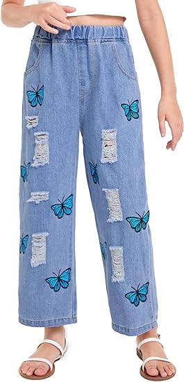 Girl Butterfly Print Elastic Waist Ripped Denim Pants - Image 3