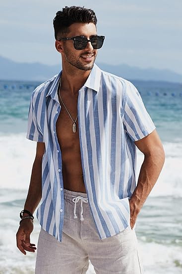Mens Casual Stylish Short Sleeve Button-Up Striped Shirts