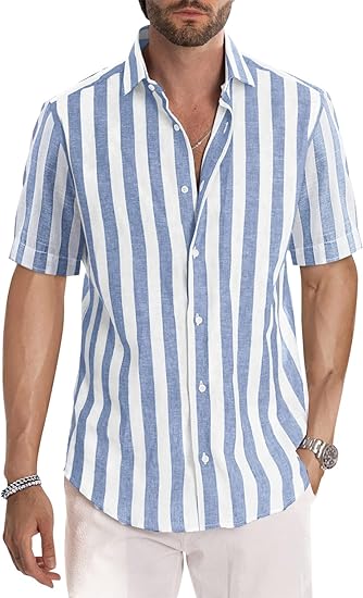 Mens Casual Stylish Short Sleeve Button-Up Striped Shirts - Image 4