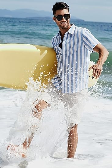Mens Casual Stylish Short Sleeve Button-Up Striped Shirts - Image 2