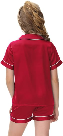 Girls Silk Short Sleeve 2 Piece Button-Down Kids Sleepwear - Image 3