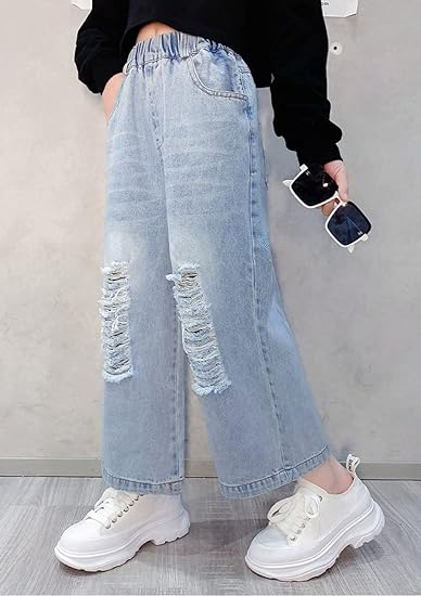 Girls Elastic Waist Ripped Washed Wide Leg Jean - Image 5