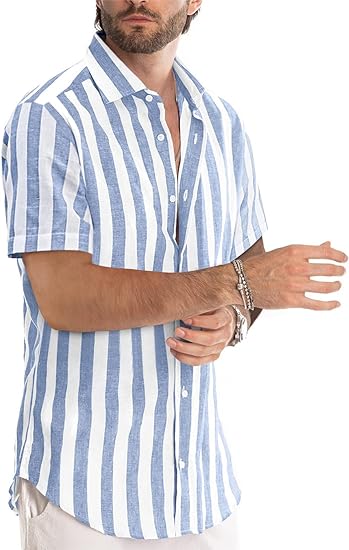 Mens Casual Stylish Short Sleeve Button-Up Striped Shirts - Image 3