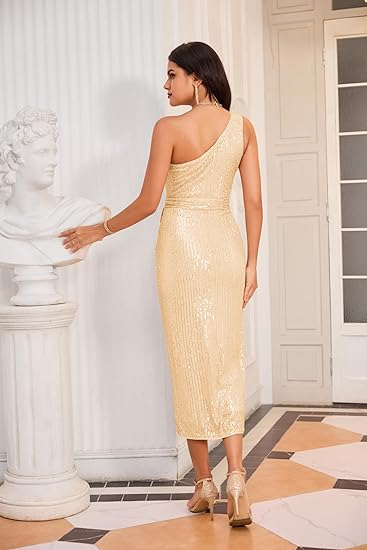 Women Sleeveless One Shoulder Sequin Dress - Image 2