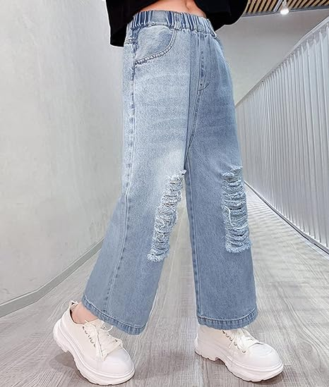 Girls Elastic Waist Ripped Washed Wide Leg Jean - Image 4