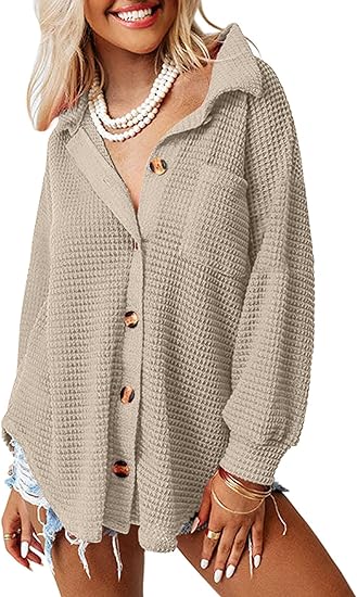 Trendy Waffle Knit Casual Jackets Button Down Flannel Shirts