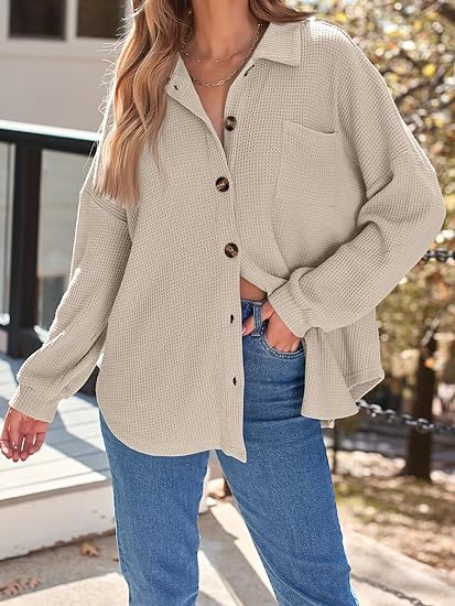 Trendy Waffle Knit Casual Jackets Button Down Flannel Shirts - Image 2