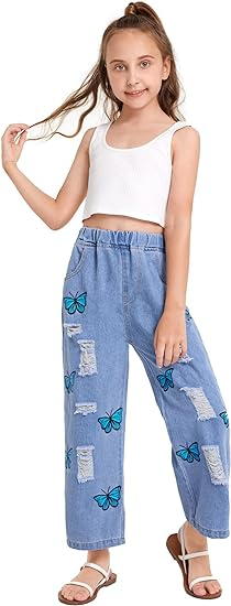 Girl Butterfly Print Elastic Waist Ripped Denim Pants - Image 6