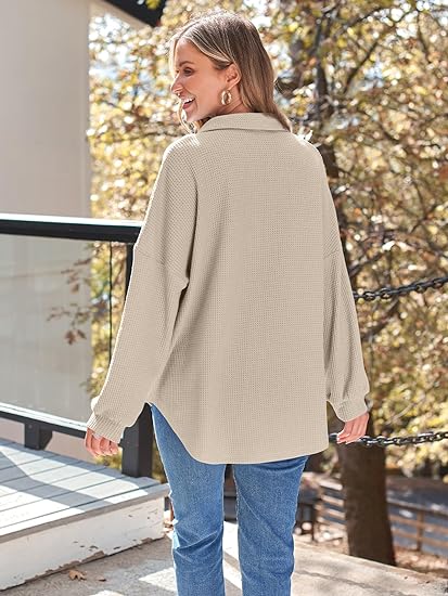 Trendy Waffle Knit Casual Jackets Button Down Flannel Shirts - Image 5