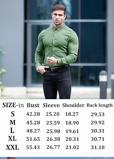 Mens Muscle Slim Fit Stretch Long&Short Sleeve Button Shirt - Image 6